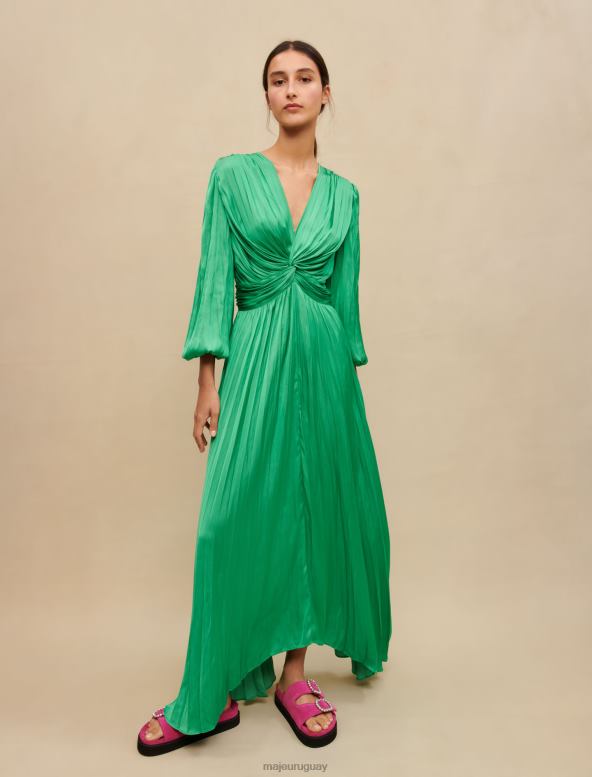 Maje vestido largo satinado drapeado ropa verde mujer 2J08B448