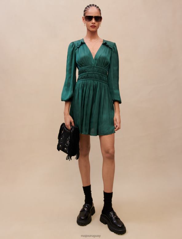 Maje vestido satinado con volantes ropa verde oscuro mujer 2J08B104